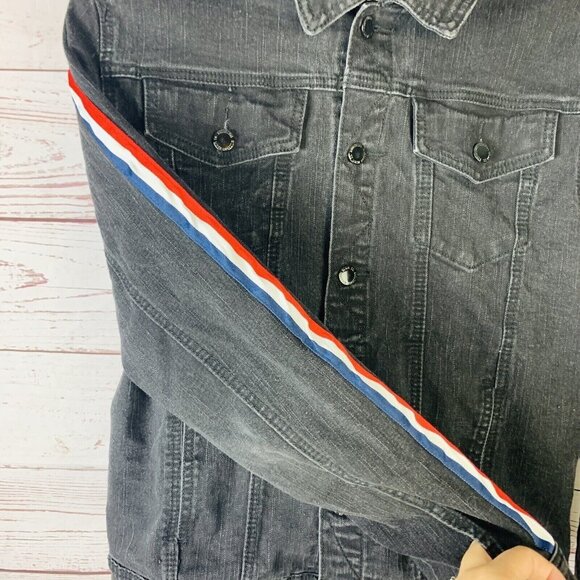 Kilogram Mens Black Red White Blue Stripe Long Sleeve Denim Jacket Size Medium - Picture 7 of 9